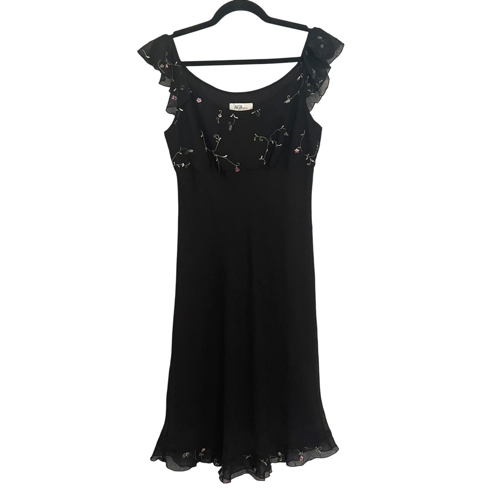 Vintage 90s AGB Byer California Black Babydoll Floral Embroidered Midi Dress 6